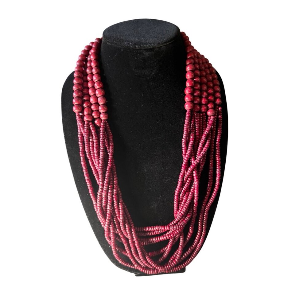 Multi-Strand Maroon Wooden Beaded Necklace Bold Design Statement Piece Bohemian